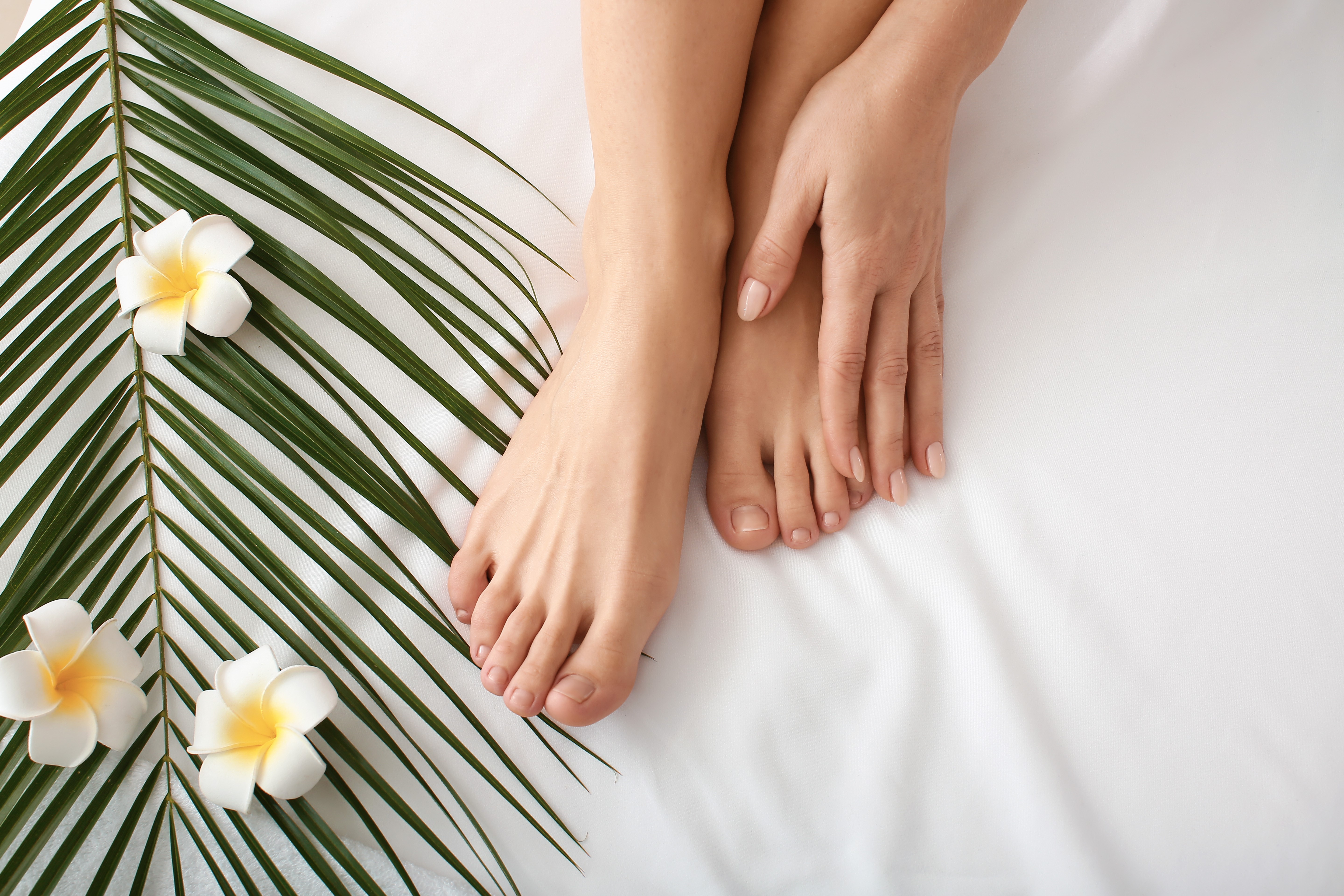 Header photo with bare feet on a white blanket with a palm branch and yellow flowers